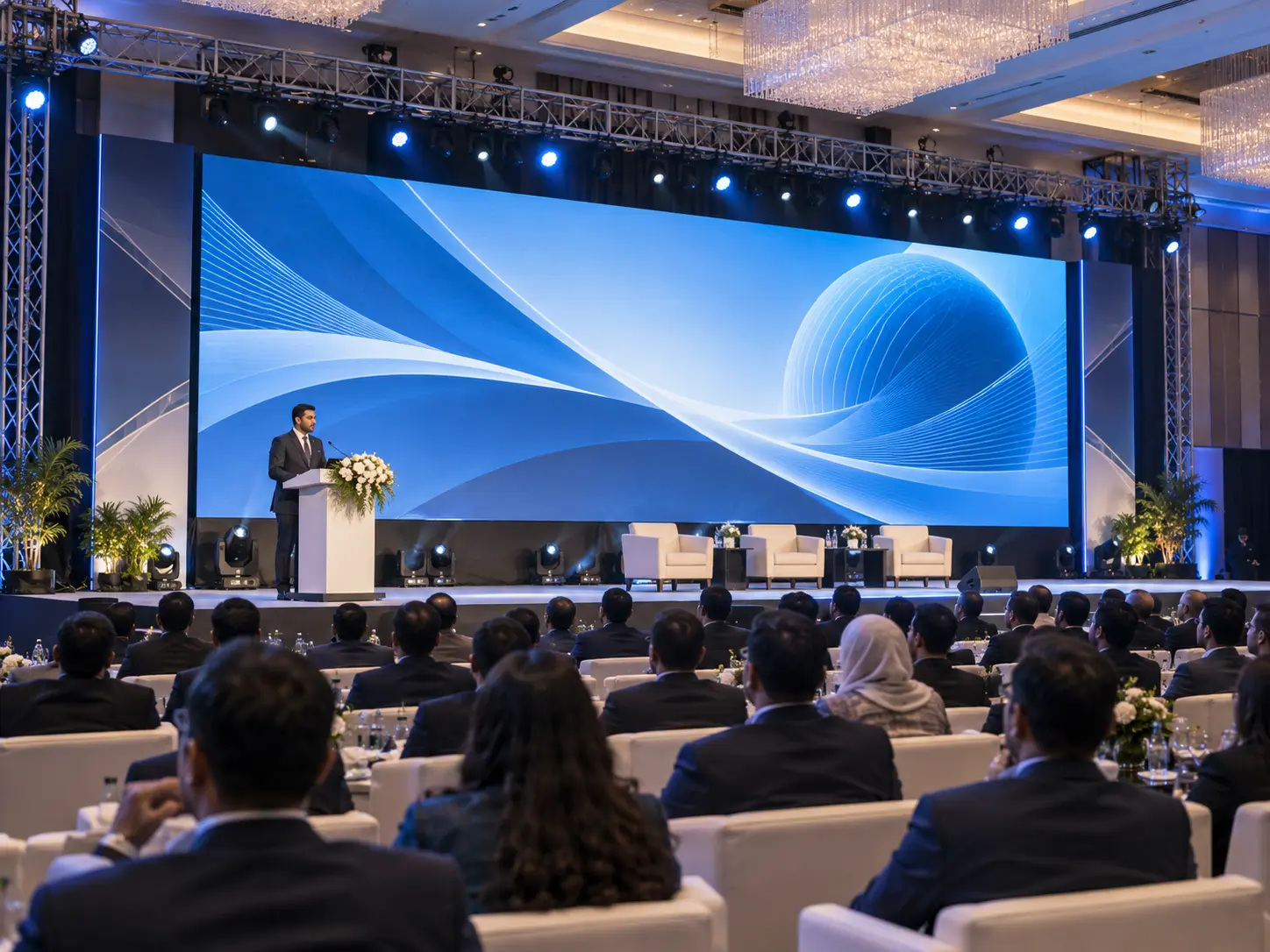 Corporate conference stage with a large blue rental LED display